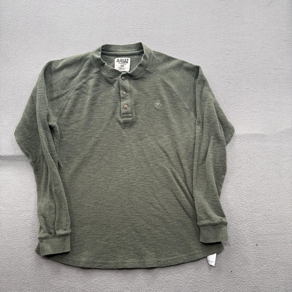 Ariat Shirt Mens Large Green Waffle Knit Thermal Henley Retro Fit Long Sleeve